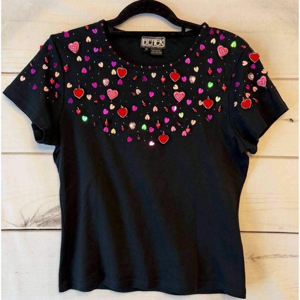 Berek Vintage Womens Heart Embellished T-Shirt Black Beaded Sequin Valentines M